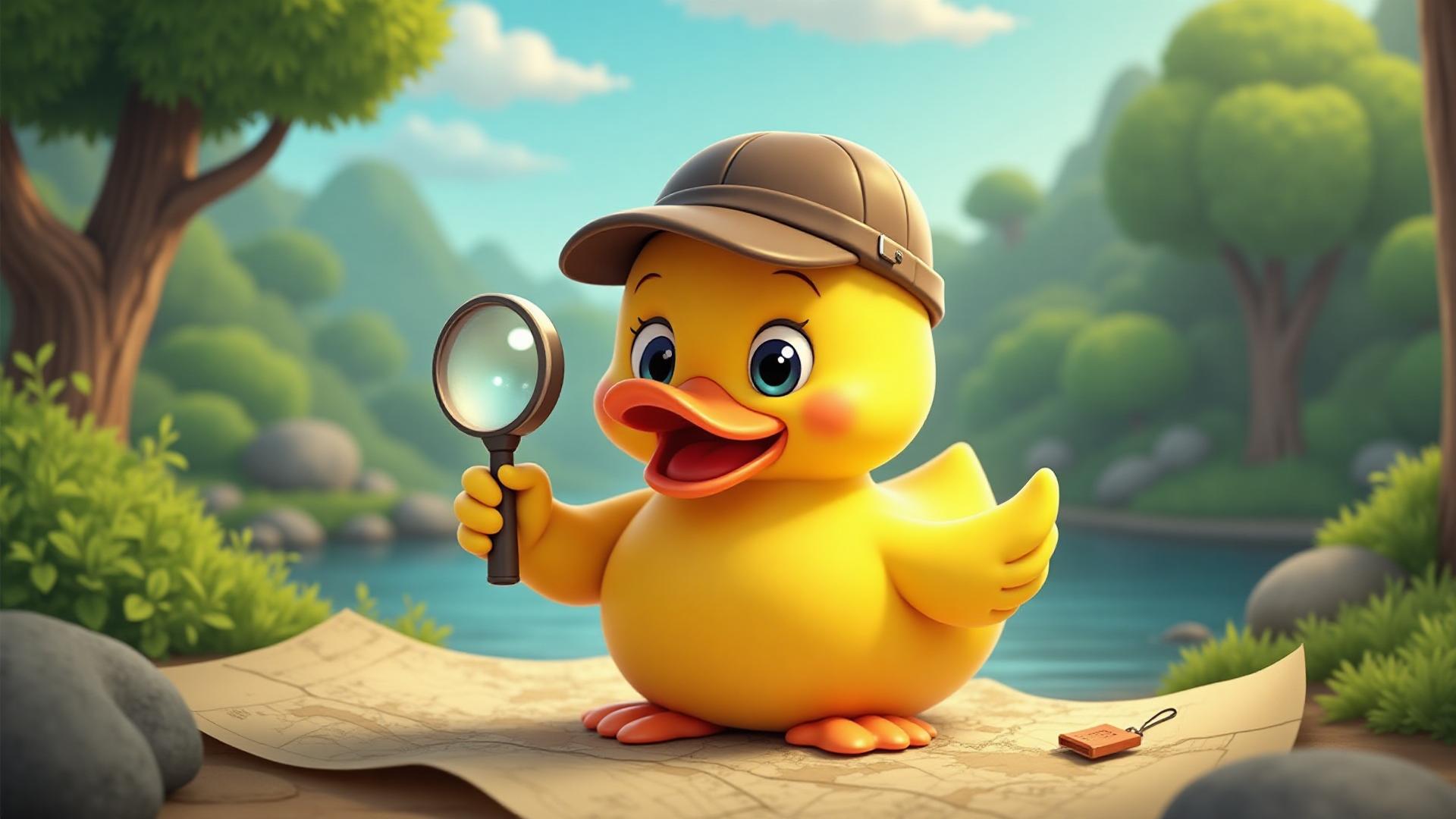 Duck detective with magnifying glass ready for NFC scavenger hunt adventure in the city
